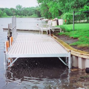 Two 6X10 Metal Craft Dock sections, mounted as a Boardwalk with Handicapped rails, bench, bumpers and cleats.