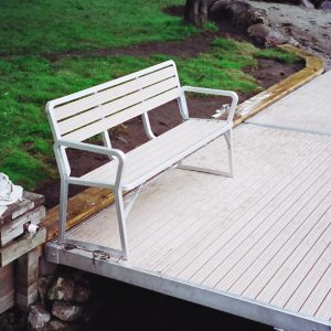 Two 6X10 Metal Craft Dock sections, mounted as a Boardwalk with Handicapped rails, bench, bumpers and cleats.